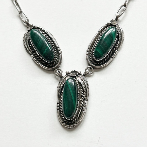 Vintage Signed Southwestern Malachite Sterling Silver Necklace